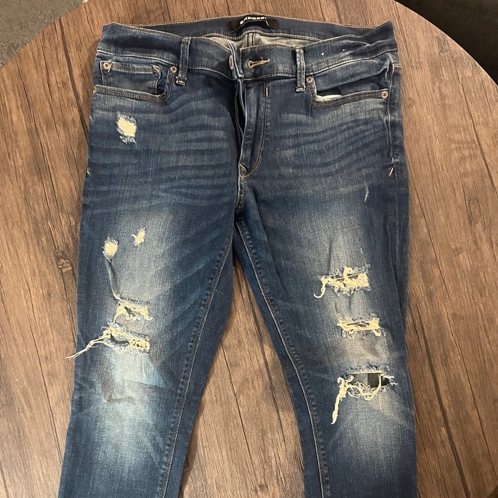 Express Women’s Dark Blue Distressed Skinny Jeans
